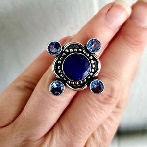 New Blue Sapphire & Blue Topaz 925 Silver Ring.